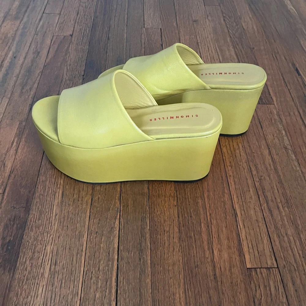 SIMON MILLER Blackout Sea Lemon Yellow/Green Platform Leather Slides Sandals